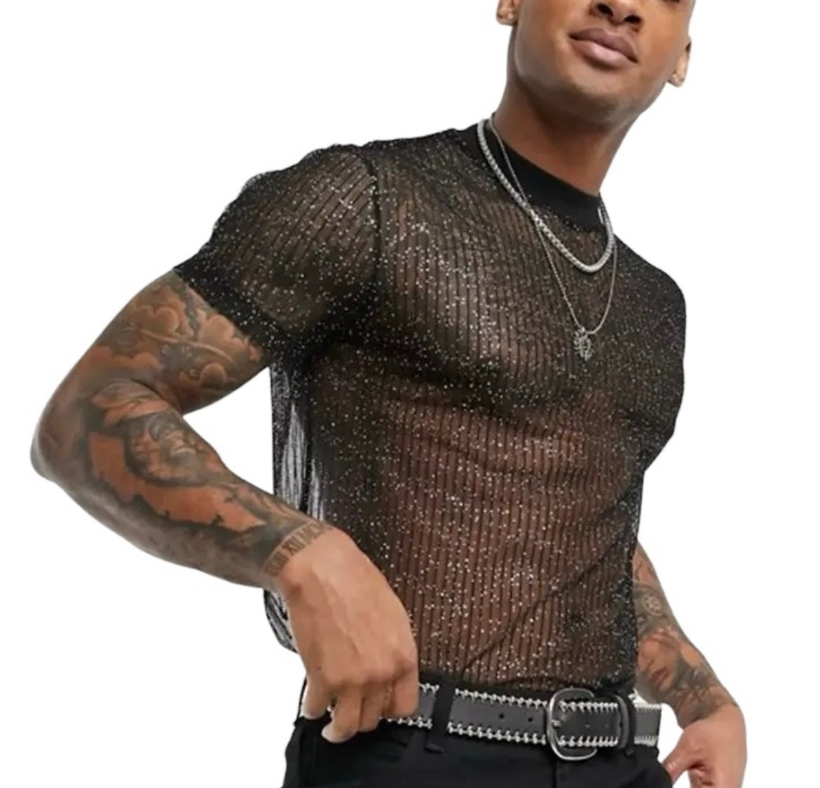 Button Up Short Sleeve Semi-Translucent Shiny Mesh Shirt