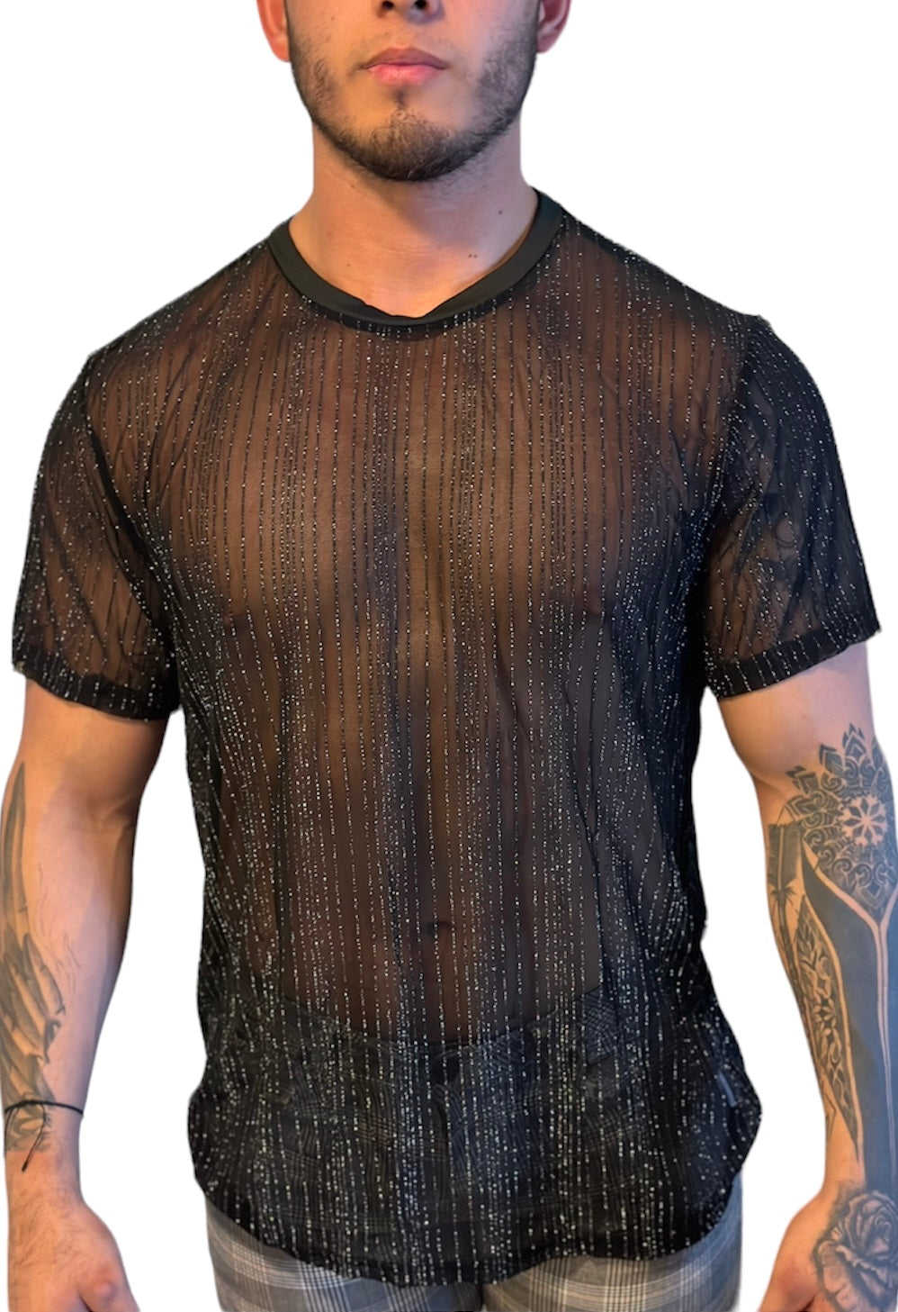 Button Up Short Sleeve Semi-Translucent Shiny Mesh Shirt