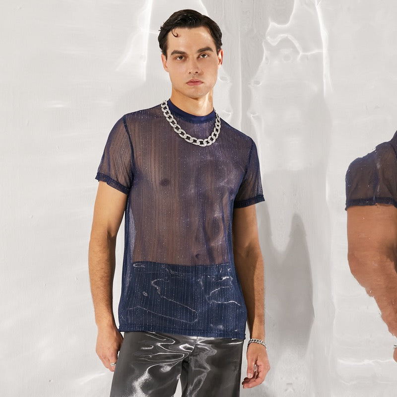 Button Up Short Sleeve Semi-Translucent Shiny Mesh Shirt