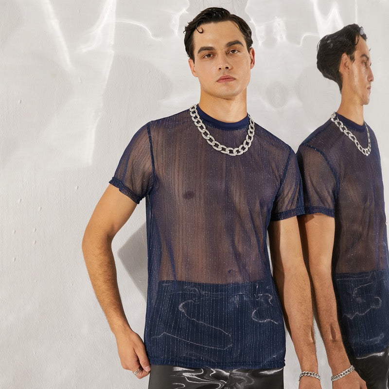 Button Up Short Sleeve Semi-Translucent Shiny Mesh Shirt