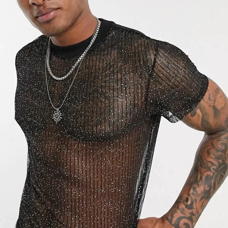 Button Up Short Sleeve Semi-Translucent Shiny Mesh Shirt