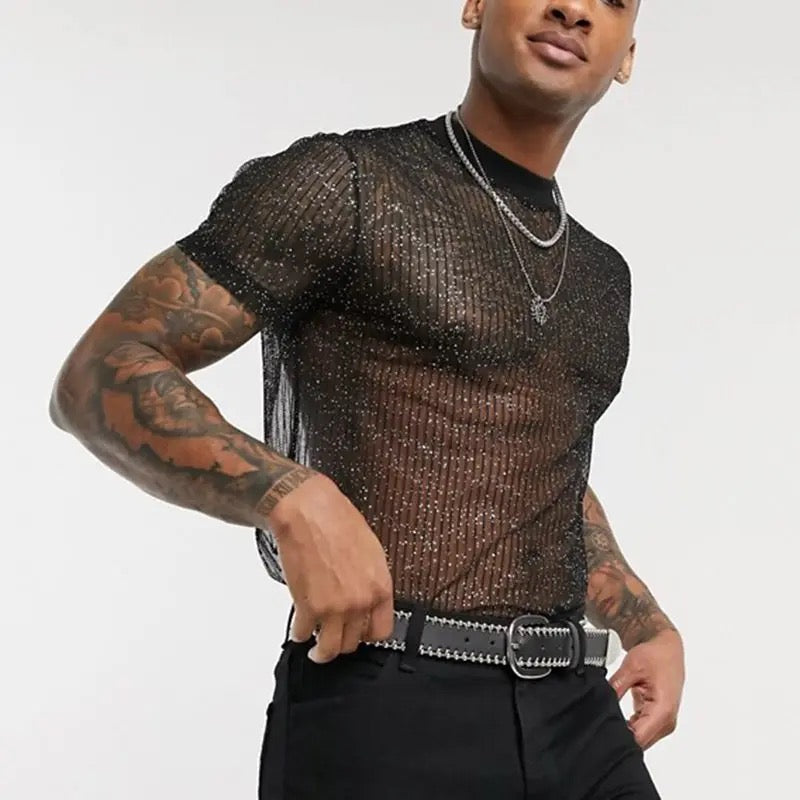 Button Up Short Sleeve Semi-Translucent Shiny Mesh Shirt