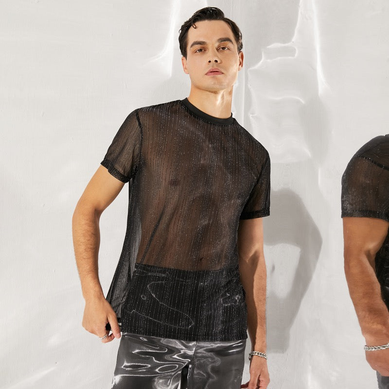 Button Up Short Sleeve Semi-Translucent Shiny Mesh Shirt