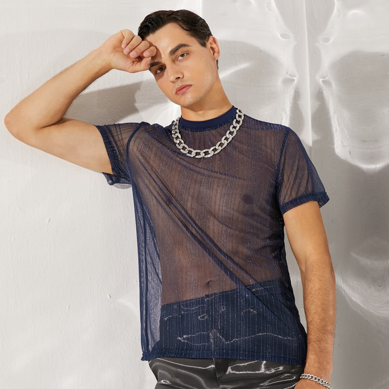 Button Up Short Sleeve Semi-Translucent Shiny Mesh Shirt