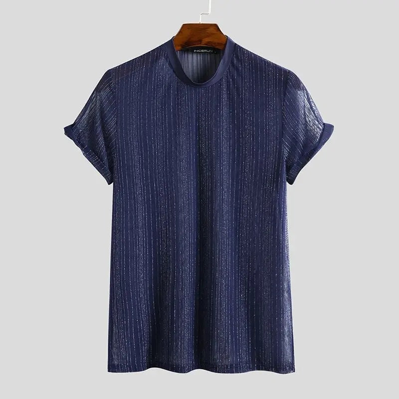 Button Up Short Sleeve Semi-Translucent Shiny Mesh Shirt