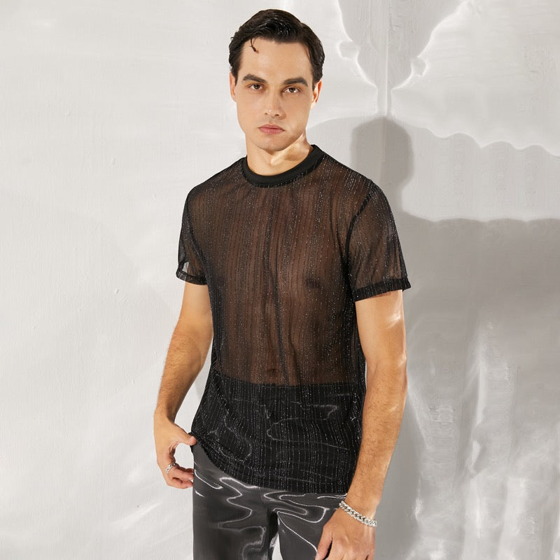 Button Up Short Sleeve Semi-Translucent Shiny Mesh Shirt