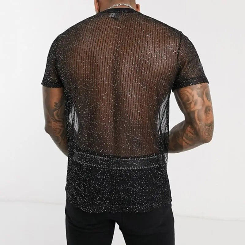 Button Up Short Sleeve Semi-Translucent Shiny Mesh Shirt