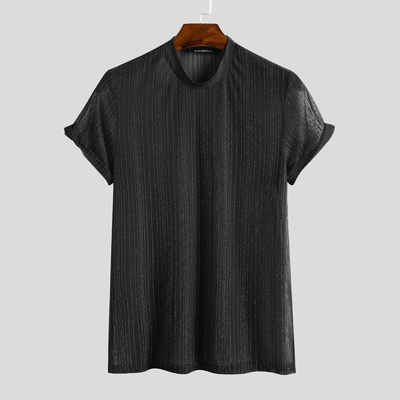 Button Up Short Sleeve Semi-Translucent Shiny Mesh Shirt